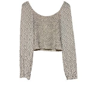 GB Polka Dot Smocked Crop Top Womens L Cream Black Long Sleeve Excellent